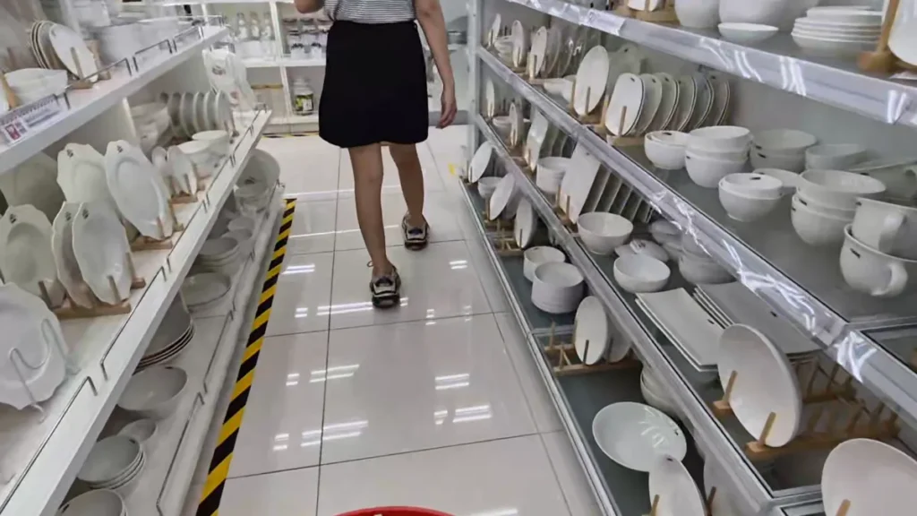 White plates and bowls displayed in the tableware aisle at a Daiso store in Korea.
