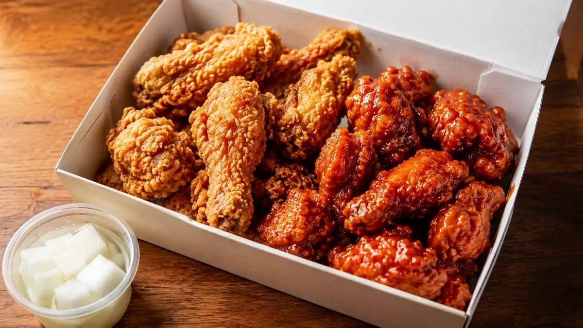 Crispy Korean fried chicken with sweet and spicy glazed chicken in a takeout box.