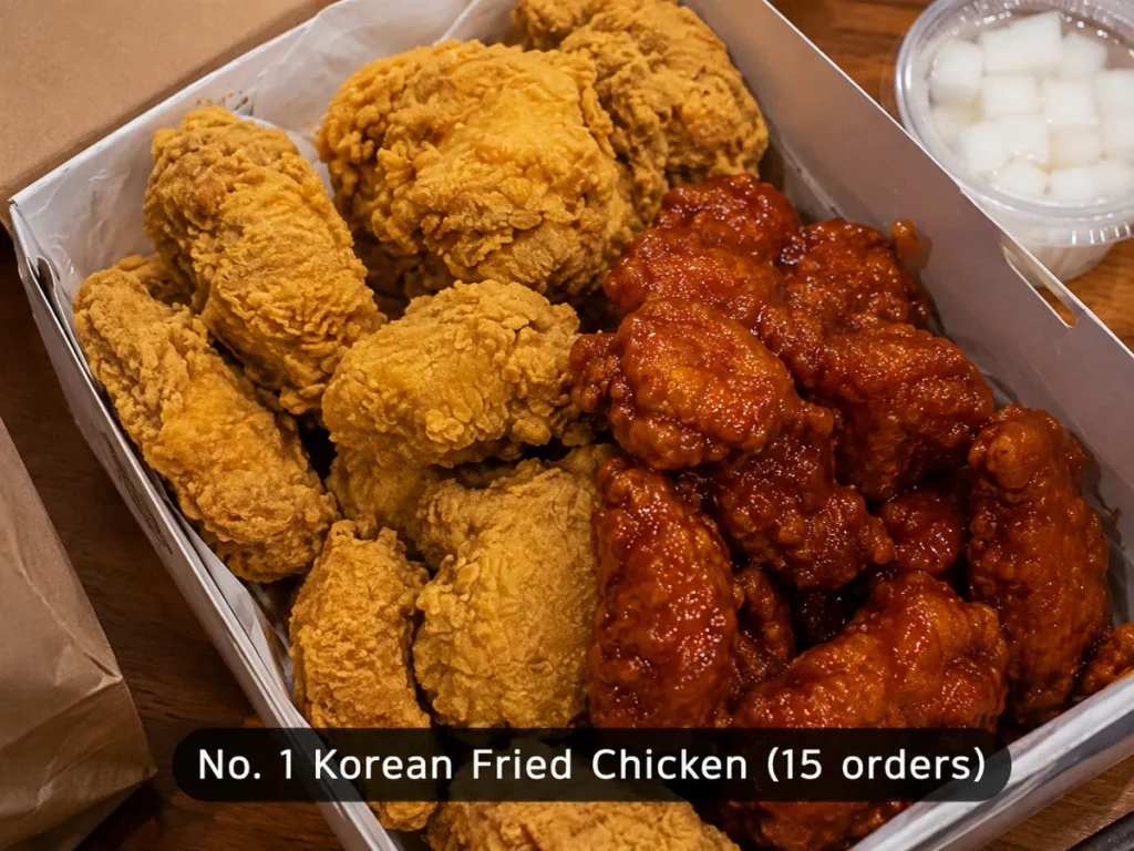 Korean fried chicken in a takeout box with crispy and glazed pieces, ranked No. 1 with 15 orders.