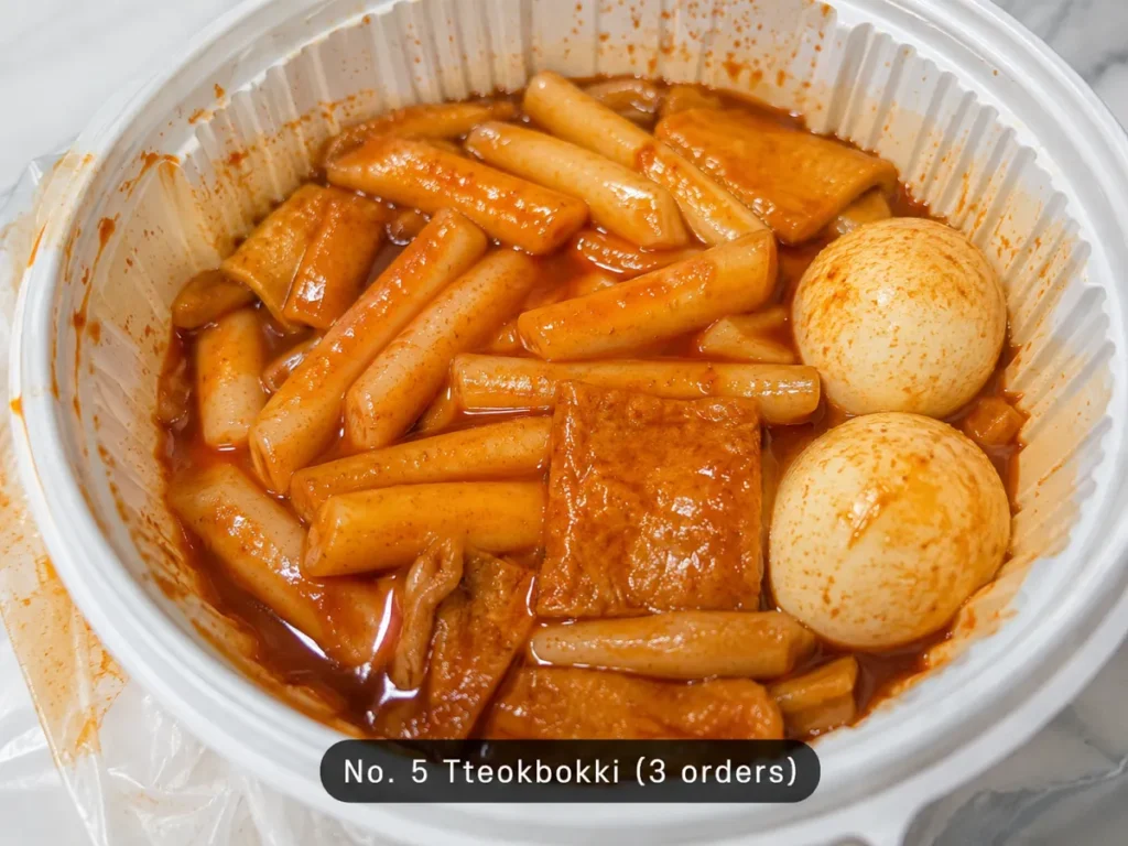 Tteokbokki in a takeout container with boiled eggs and fish cakes, ranked No. 5 with 3 orders.
